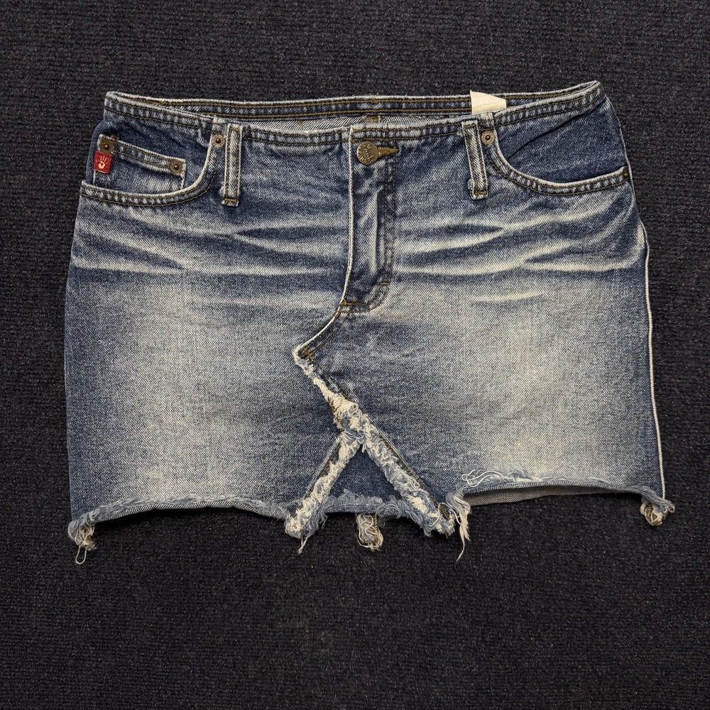 Y2K Mudd Skirt Womens 7 Blue Denim Mini Low Rise Raw Hem Distressed Front Slit